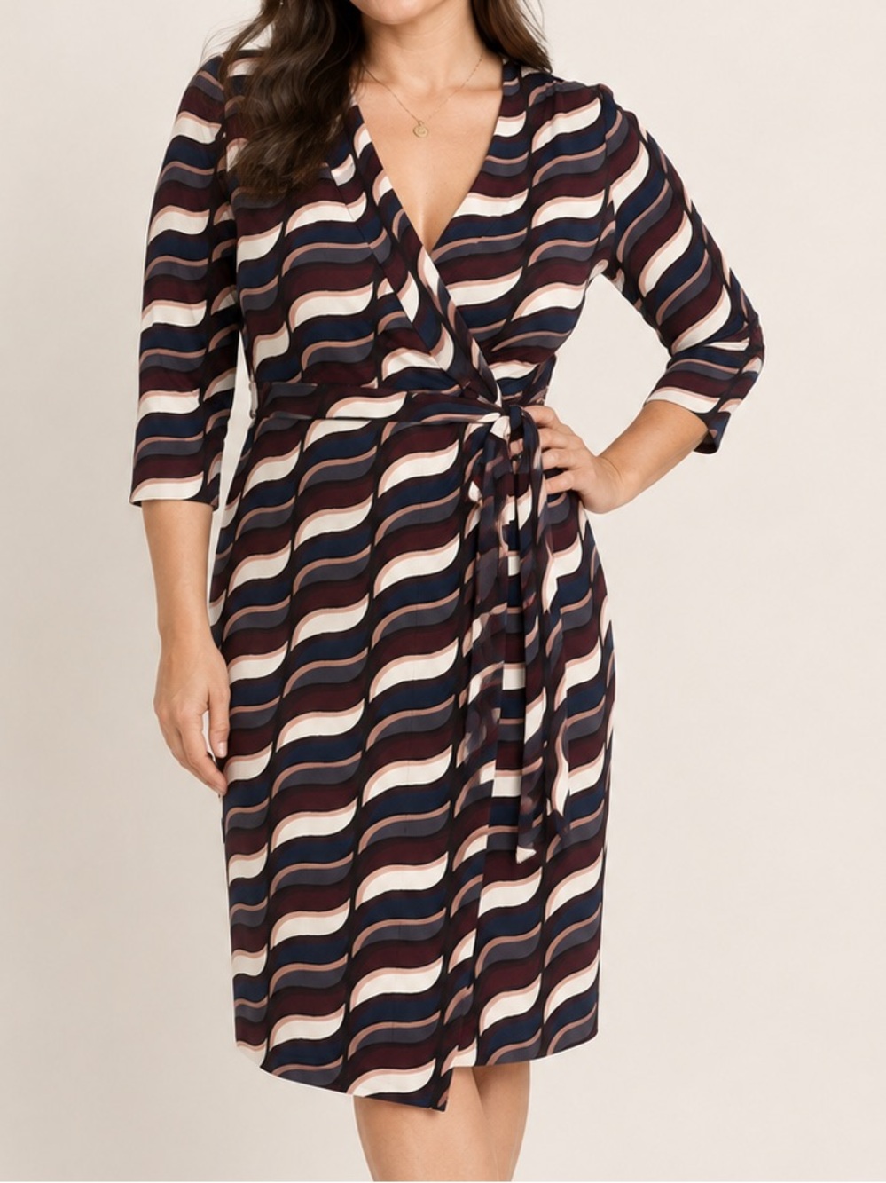Ann Taylor Size 10 Retro Wavy Print Wrap Dress 3/4 Sleeve